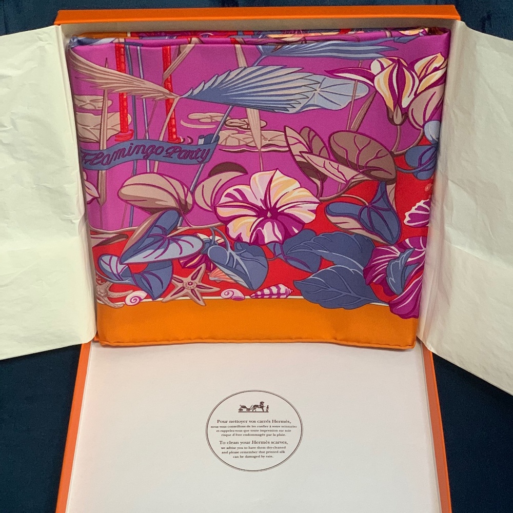 Hermes Authentic Silk Flamingo Party Scarf